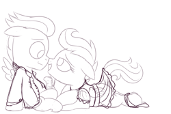 Size: 2160x1440 | Tagged: explicit, artist:dtcx97, scootaloo, bedroom eyes, boop, clothes, colt, dress, female, filly, filly on colt, foal, foalcon, g4, horsecock, imported from derpibooru, male, monochrome, noseboop, nudity, panties, panties around legs, penis, precum, rumble, ship:rumbloo, shipping, sketch, straight, suit, teasing, underwear, wip