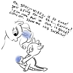Size: 1024x1024 | Tagged: explicit, artist:lemurkatta, rarity, spike, dialogue, dick in a box, dragon, engrish, female, foalcon, g4, imported from derpibooru, magic, magical stimulation, magicjob, male, nudity, penis, scrunchy face, ship:sparity, shipping, straight, straight shota