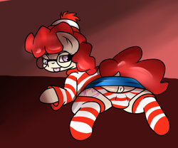 Size: 3840x3200 | Tagged: explicit, artist:nimitea, anus, cameltoe, clothes, earth pony, female, foalcon, g4, high res, imported from derpibooru, nudity, panties, panties pulled down, ponut, pony, simplistic anus, socks, solo, solo female, striped socks, striped underwear, tongue out, twist, underwear, waldo, where's waldo