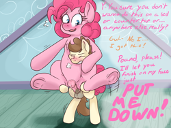 Size: 3200x2400 | Tagged: explicit, artist:storyteller, pinkie pie, balls, begging, blushing, colt, dead source, dialogue, duo, female, foal, foalcon, g4, high res, imported from derpibooru, lifting, male, mare on colt, nudity, older, penis, pony, pound cake, precum, reverse foalcon, reverse suspended congress, sex, ship:pound pie, straight, straight shota, struggling, underhoof