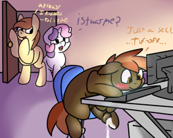 Size: 2988x2395 | Tagged: explicit, artist:nimitea, button mash, sweetie belle, oc, oc:cream heart, caught, colt, computer, cum, cumming, dialogue, earth pony, earth pony oc, female, filly, foal, foalcon, g4, high res, imported from derpibooru, male, mare, masturbation, mother and child, mother and son, nudity, open mouth, penis, pony, ship:sweetiemash, shipping, straight