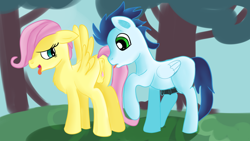 Size: 1280x720 | Tagged: explicit, artist:jbond, fluttershy, anus, bedroom eyes, clitoris, colt, crotchboobs, duo, estrus, female, filly, filly on colt, floppy ears, foal, foalcon, g4, imminent cunnilingus, imminent oral, imminent sex, imported from derpibooru, looking back, male, nipples, nudity, open mouth, pegasus, penis, pony, presenting, raised tail, ship:soarinshy, shipping, soarin', spread wings, straight, tail, tongue out, vulva, vulvar winking, wingboner, wings, younger