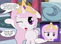 Size: 1250x909 | Tagged: explicit, artist:toinfinity, princess celestia, ..., :o, bedroom eyes, cewestia, comic, crown, crying, cum, cum in mouth, cute, cute porn, dialogue, eyes closed, facial, female, filly, foal, foalcon, frown, g4, implied blowjob, implied oral, implied sex, implied straight, imported from derpibooru, jewelry, offscreen character, one eye closed, open mouth, pink-mane celestia, regalia, show accurate, show accurate porn, solo, solo female, tongue out, wide eyes, wink, younger