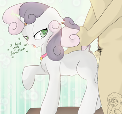 Size: 1386x1290 | Tagged: explicit, artist:jonathan the awesome, sweetie belle, oc, oc:jonathan, anus, canon x oc, collar, cum, dark genitals, derpibooru exclusive, dialogue, dock, ear piercing, earring, female, filly, foal, foalcon, from behind, g4, heart, heart eyes, horn, horn ring, horngasm, human, human male, human male on filly, human on pony action, imported from derpibooru, interspecies, jewelry, male, necklace, nudity, orgasm, penetration, piercing, pony, pubic hair, self insert, sex, squash soup, straight, tail pull, too hot for putin, vaginal, vaginal orgasm, vaginal secretions, vulva, wingding eyes