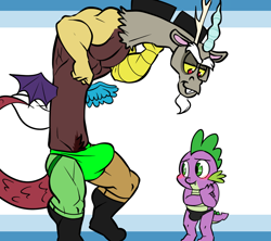 Size: 854x760 | Tagged: questionable, artist:bobthetanuki, spike, age difference, and then spike was gay, blushing, boots, clothes, crotch bulge, deltscord, discord, draconequus, dragon, duo, duo male, erection, eyes on the prize, foalcon, g4, gay, hairy, implied gay, imported from derpibooru, jockstrap, looking at each other, male, muscles, muscular male, penis outline, pose, pubic hair, questionable source, ship:dispike, shipping, shoes, shy, simple background, size difference, speedo, tenting, underwear, wingless spike