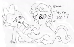Size: 1901x1216 | Tagged: explicit, artist:ponehcawk, spike, sweetie belle, ball fondling, balls, dragon, female, foalcon, g4, grope, imported from derpibooru, male, nudity, penis, precum, ship:spikebelle, shipping, straight
