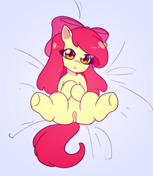 Size: 842x970 | Tagged: explicit, artist:politekun, apple bloom, anus, apple bloom's bow, bow, cute, cute porn, female, filly, foal, foalcon, g4, genitals, hair bow, imported from derpibooru, nudity, on back, ponut, solo, solo female, vulva