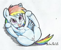 Size: 1377x1129 | Tagged: explicit, artist:anibaruthecat, rainbow dash, anus, armpits, female, filly, filly rainbow dash, foal, foalcon, g4, imported from derpibooru, nudity, on back, open mouth, solo, solo female, traditional art, vulva