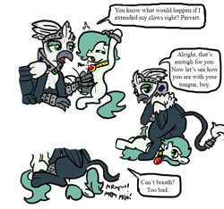 Size: 640x600 | Tagged: explicit, artist:ficficponyfic, oc, oc:damia silverbill, oc:emerald jewel, alternate color palette, bondage, breathplay, clawjob, color, color edit, colored, colt, colt quest, comic, cuffs, cunnilingus, edit, edited edit, facesitting, femdom, foal, foalcon, genitals, griffon, handjob, imported from derpibooru, interspecies, male, nudity, oc only, oral, penis, pony, pony on griffon action, prostitute, prostitution, sex, shipping