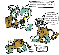 Size: 640x600 | Tagged: explicit, artist:ficficponyfic, oc, oc:damia silverbill, oc:emerald jewel, alternate version, balls, bondage, breathplay, butt, clawjob, color, color edit, colored, colt, colt quest, comic, cuffs, cunnilingus, edit, facesitting, femdom, foal, foalcon, griffon, handjob, imported from derpibooru, interspecies, male, nudity, oc only, oral, penis, plot, pony, pony on griffon action, prostitute, prostitution, sex, shipping