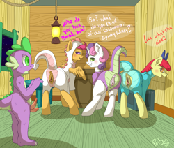 Size: 2086x1773 | Tagged: explicit, artist:poisindoodles, apple bloom, scootaloo, spike, sweetie belle, anus, bedroom eyes, blushing, butt, clitoris, clothes, costume, cutie mark crusaders, dialogue, dragon, ear fluff, earth pony, eyes on the prize, female, fizzle, foalcon, g4, grin, hemipenis, imminent sex, imported from derpibooru, looking back, lucky bastard, male, multidick, nudity, open mouth, pegasus, penis, plot, ponut, pony, precum, presenting, princess ember, raised tail, ship:crusadespike, ship:scootaspike, ship:spikebelle, ship:spikebloom, shipping, smiling, spike gets all the mares, straight, tail, tongue out, unicorn, vulva, vulvar winking, wide eyes
