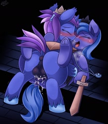 Size: 1500x1721 | Tagged: explicit, artist:vavacung, princess luna, oc, oc:azure night, ahegao, azuna, balls, blushing, canon x oc, cardboard, colt, creampie, cum, cute, female, filly, filly luna, foal, foalcon, g4, hat, imported from derpibooru, jewelry, lunabetes, lying down, lying on top of someone, male, missionary position, necklace, nudity, open mouth, paper hat, penetration, penis, sex, shipping, straight, sword, tongue out, toy sword, vaginal, vaginal creampie, weapon, woona, younger