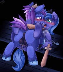 Size: 1500x1721 | Tagged: explicit, artist:vavacung, princess luna, oc, oc:azure night, ahegao, azuna, balls, bedroom eyes, blushing, canon x oc, cardboard, colt, colt on filly, creampie, cum, cute, female, filly, filly luna, foal, foalcon, from front, g4, hands free, hat, imported from derpibooru, jewelry, lunabetes, lying down, lying on top of someone, male, missionary position, necklace, nudity, open mouth, orgasm, paper hat, penetration, penis, sex, shipping, simultaneous orgasm, straight, sword, tongue out, tremble spikes, trembling, vaginal, vaginal creampie, vaginal orgasm, weapon, woona, younger