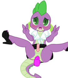 Size: 1565x1785 | Tagged: explicit, artist:pyruvate, artist:reduxdrawer8k, spike, comic:dragon queen, anal insertion, anthro, ass, balls, blushing, butt, clothes, crossdressing, dildo, dragon, femboy, femboy spike, foalcon, front knot midriff, g4, high heels, imported from derpibooru, insertion, librarian, looking at you, male, midriff, nudity, outfit, penis, sex toy, simple background, sissy, skirt, small penis, solo, solo male, transparent background, upskirt