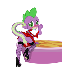 Size: 2059x2500 | Tagged: explicit, artist:pyruvate, artist:reduxdrawer8k, spike, comic:dragon queen, alternate version, anus, ass, balls, bottomless, butt, clothes, crossdressing, dragon, dragonbutt, edit, erection, femboy, femboy spike, fishnet stockings, foalcon, g4, high heels, high res, imported from derpibooru, legwear, looking at you, looking back, male, nudity, penis, raised tail, school uniform, simple background, sissy, skirt, small penis, solo, solo male, stage, stockings, tail, thigh highs, transparent background, upskirt
