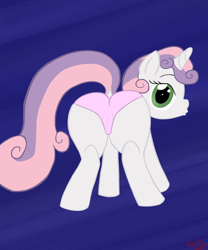 Size: 1536x1848 | Tagged: questionable, artist:riskypony, sweetie belle, cameltoe, clothes, duckface, female, foalcon, g4, imported from derpibooru, looking at you, looking back, panties, pink underwear, solo, solo female, underwear