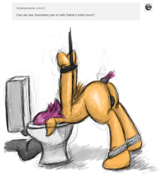 Size: 1062x1158 | Tagged: explicit, artist:fetishsketches, scootaloo, abuse, bondage, butt, clipped tail, clipped wings, dock, docked, female, foalcon, g4, humiliation, imported from derpibooru, nudity, pegasus, plot, pony, public use, scootabuse, solo, solo female, spreader bar, swirly, toilet, vulva