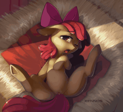 Size: 500x455 | Tagged: explicit, artist:anotherdude, artist:xennos, apple bloom, alternate version, animated, bedroom eyes, belly, belly button, bits, bukkake, bukkake gif maker, cape, clitoris, clothes, cum, cumming, edit, facial, female, female focus, filly, floppy ears, foal, foalcon, g4, hay, implied straight, imported from derpibooru, legs in air, looking at you, nudity, on back, one eye closed, open mouth, prostitution, solo focus, spread legs, spreading, tongue out, underhoof, vulva, wink
