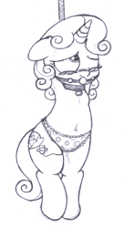 Size: 1674x3080 | Tagged: explicit, artist:an-tonio, sweetie belle, armpits, ballgag, belly button, black and white, blushing, bondage, cameltoe, clothes, collar, female, filly, foal, foalcon, frilly underwear, g4, gag, grayscale, imported from derpibooru, monochrome, panties, prolonged stimulation, sex toy, solo, solo female, suspended, traditional art, underwear, vaginal secretion stain, vaginal secretions, vibrator, wet panties