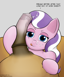 Size: 2000x2400 | Tagged: explicit, artist:riscke, diamond tiara, cum, dialogue, facial, father and child, father and daughter, female, filthy rich, foalcon, g4, high res, horsecock, imported from derpibooru, incest, male, nudity, penis, penis on face, ship:filthy diamond, shipping, simple background, straight, tongue out