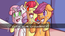 Size: 1750x985 | Tagged: explicit, artist:anonjg, apple bloom, scootaloo, sweetie belle, bukkake, cum, cum in mouth, cum on tongue, cum string, cutie mark crusaders, earth pony, facial, female, females only, filly, foal, foalcon, g4, horn, imported from derpibooru, open mouth, pegasus, pony, selfie, snapchat, unicorn