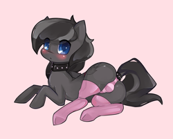 Size: 1912x1536 | Tagged: questionable, artist:misukitty, oc, oc:shadow, blue eyes, blushing, clothes, collar, crossdressing, crotch bulge, cute, femboy, foalcon, girly, imported from derpibooru, looking at you, male, mooseknuckle, oc only, panties, pegasus, pony, presenting, simple background, socks, solo, solo male, stallion, striped underwear, tail wrap, trap, underwear