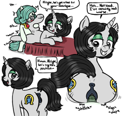Size: 1397x1309 | Tagged: explicit, artist:hipsanon, oc, oc:emerald jewel, oc:joyride, /ss/, adult, amulet, anus, bed, blushing, both cutie marks, child, color, colt, colt quest, cyoa, dialogue, dock, ear piercing, earth pony, eyes on the prize, eyeshadow, fanart, female, foal, foalcon, hair over one eye, horn, imported from derpibooru, looking back, makeup, male, mare, nudity, oc only, penis, piercing, ponut, pony, reasonably sized genitals, redraw, riding, sex, simple background, smiling, speech bubble, story included, straight, straight shota, too hot for putin, unicorn, vagina, white background