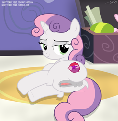 Size: 2593x2660 | Tagged: explicit, artist:shutterflyeqd, sweetie belle, anatomically correct, anatomically incorrect, anus, bedroom eyes, butt, clitoris, cutie mark, dark genitals, dock, dripping, female, filly, flank, foal, foalcon, g4, gaping, high res, imported from derpibooru, looking at you, nudity, plot, ponut, pony, presenting, show accurate, show accurate porn, solo, solo female, spreading, the cmc's cutie marks, unicorn, vagina, vaginal secretions, vector, vulva, vulvar winking