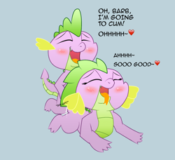 Size: 2219x2025 | Tagged: explicit, artist:bronyxxi, spike, announcing ejaculation, barb, blushing, cum, doggy style, dragon, emoji, female, foalcon, from behind, g4, heart, high res, imported from derpibooru, male, now neither of us will be virgins, penetration, prone, quote, rule 63, self paradox, self ponidox, selfcest, sex, ship:spikebarb, shipping, sound effects, straight, text, tongue out, vaginal, vulgar