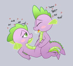 Size: 2268x2056 | Tagged: explicit, artist:bronyxxi, spike, barb, bedroom eyes, blushing, breath, breathing, cute, cute porn, dragon, female, foalcon, g4, happy sex, heart, high res, imported from derpibooru, male, missionary position, now neither of us will be virgins, obscured penetration, panting, penetration, rule 63, self dragondox, self paradox, self ponidox, selfcest, sex, ship:spikebarb, shipping, softcore, sound effects, square crossover, straight, text, tongue out, vaginal, wingdings