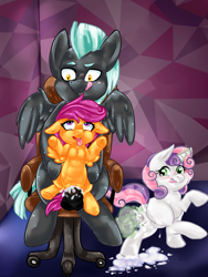 Size: 1200x1600 | Tagged: explicit, artist:galaxytrax, scootaloo, sweetie belle, age difference, balls, camera, chair position, creampie, cum, dildo, female, filly, foal, foalcon, g4, glowing horn, horn, imported from derpibooru, insertion, magic, male, masturbation, nudity, one after another, partially open wings, pegasus, penetration, penis, pony, sex, sex toy, ship:scootalane, ship:sweetielane, shipping, stallion, stallion on filly, straight, telekinesis, thunderlane, tongue out, too hot for putin, unicorn, vaginal, vaginal creampie, vaginal insertion, vaginal masturbation, wings