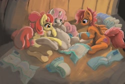 Size: 2264x1532 | Tagged: explicit, artist:asdfasfasda, apple bloom, scootaloo, sweetie belle, aroused, baby powder, belly button, chest fluff, cutie mark crusaders, diaper, diaper change, diaper fetish, earth pony, embarrassed, female, filly, foal, foalcon, g4, horn, imported from derpibooru, lesbian, non-baby in diaper, nudity, open diaper, pegasus, pony, spread legs, spreading, the cmc's cutie marks, underhoof, unicorn, vagina