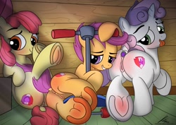 Size: 1800x1272 | Tagged: explicit, artist:korafuro, apple bloom, scootaloo, sweetie belle, anal insertion, anatomically correct, anus, bedroom eyes, bow, butt, butt blush, buttplug, clitoris, cutie mark crusaders, dock, earth pony, female, filly, foal, foalcon, frog (hoof), g4, hair bow, hoof blush, imported from derpibooru, insertion, nudity, plot, ponut, pony, scooter, sex toy, smiling, the cmc's cutie marks, tongue out, underhoof, unicorn, vulva