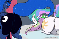 Size: 1200x791 | Tagged: explicit, artist:caluriri, princess celestia, princess luna, spike, :o, aftersex, alicorn, anus, balls, butt, cum, dock, dragon, eyes closed, female, foalcon, futa, futa princess luna, g4, herm, imported from derpibooru, intersex, large butt, licking, licking cum, male, moonbutt, nudity, open mouth, penis, plot, ponut, pony, prone, ship:spikelestia, shipping, smiling, spike gets all the princesses, straight, sunbutt, tongue out, vulva