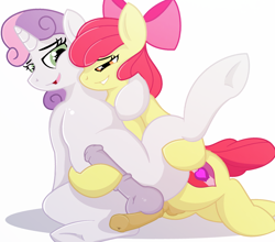 Size: 1900x1673 | Tagged: explicit, artist:phyll, apple bloom, sweetie belle, apple bloom's bow, balls, bow, cutie mark, earth pony, female, filly, foal, foalcon, futa, futa apple bloom, futa on futa, futa sweetie belle, g4, hair bow, hoofjob, horsecock, imported from derpibooru, intersex, nudity, open mouth, penis, pony, ship:sweetiebloom, shipping, simple background, smiling, the cmc's cutie marks, underhoof, unicorn, white background