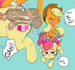 Size: 1280x1200 | Tagged: explicit, artist:baigak, apple bloom, applejack, anal, anal creampie, annoyed, apple bloom's bow, applecest, applejack's hat, balls, blushing, bow, cowboy hat, creampie, cum, cum in uterus, dialogue, earth pony, eyes closed, female, filly, foal, foalcon, freckles, from behind, futa, futa applejack, futa on female, futa on filly, g4, hair bow, hat, horsecock, imported from derpibooru, incest, internal cumshot, intersex, looking at you, nudity, open mouth, penis, pony, sex, ship:bloomjack, shipping, simple background, smiling, speech bubble, tsundere, uterus, vagina, vein, vein bulge, veiny cock, x-ray