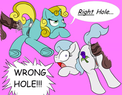 Size: 2364x1838 | Tagged: explicit, artist:anotherpervert, anal, anal creampie, ass up, butt, creampie, cum, dialogue, disembodied penis, dock, face down ass up, female, foalcon, g4, horsecock, imported from derpibooru, male, nudity, open mouth, penetration, penis, plot, pony, right hole, royal blue, sex, simple background, speech bubble, straight, sun glimmer, underhoof, vulva, wrong hole