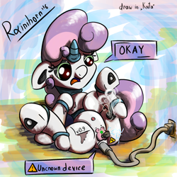Size: 1280x1280 | Tagged: explicit, artist:rainihorn, sweetie belle, anal insertion, butt, cable, female, filly, foal, foalcon, g4, hooves, horn, imported from derpibooru, insertion, nudity, open mouth, plot, pony, rear port, robot, robot pony, sexual engineering, solo, solo female, spread legs, spreading, sweetie bot, text, underhoof, unicorn, usb, vaginal insertion, vulva