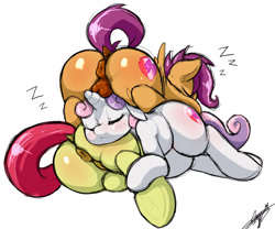 Size: 1800x1500 | Tagged: explicit, artist:starykrow, apple bloom, scootaloo, sweetie belle, anus, blushing, butt, butt blush, cute, cutealoo, cutie mark, cutie mark crusaders, dark genitals, diasweetes, dock, earth pony, eyes closed, female, filly, foal, foalcon, g4, genitals, imported from derpibooru, nudity, pegasus, plot, ponut, pony, puffy vulva, simple background, sleeping, sleeping in the nude, the cmc's cutie marks, underhoof, unicorn, vaginal secretions, vulva, wet dream, white background, wingboner