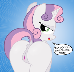 Size: 1822x1782 | Tagged: explicit, artist:an-tonio, artist:lord waite, sweetie belle, anus, bedroom eyes, blank flank, butt, dock, edit, female, filly, foal, foalcon, g4, imported from derpibooru, lidded eyes, looking at you, looking back, nudity, plot, ponut, presenting, seductive, show accurate, show accurate porn, solo, solo female, sweetie butt, vulva