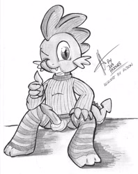 Size: 2430x3067 | Tagged: explicit, artist:jcosneverexisted, spike, clothes, dragon, foalcon, g4, high res, imported from derpibooru, male, monochrome, nudity, penis, sketch, socks, solo, solo male, striped socks, sweater, thumbs up, wink