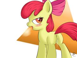 Size: 1600x1200 | Tagged: explicit, artist:vsdrawfag, apple bloom, anus, bedroom eyes, blushing, butt, dock, estrus, female, foalcon, g4, imported from derpibooru, looking back, nudity, open mouth, panting, plot, presenting, solo, solo female, steam, vaginal secretions, vulva