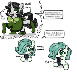 Size: 640x600 | Tagged: explicit, artist:ficficponyfic, oc, oc:emerald jewel, oc:joyride, blowjob, blushing, bowtie, clothes, colt, colt quest, cutie mark, ear piercing, earth pony, eyeshadow, female, fixed, foal, foalcon, futa, futa filly on colt, futa oc, futa on male, horn, imported from derpibooru, intersex, leggings, legwear, makeup, male, mantle, mare, nudity, oc only, oral, penis, piercing, pony, sex, sucking, transformation, unicorn