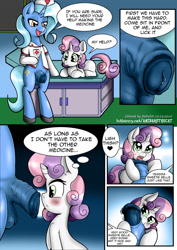 Size: 1200x1692 | Tagged: explicit, artist:anibaruthecat, artist:redoxx, sweetie belle, oc, oc:cobalt, comic:cutiemark check-up, age difference, balls, becoming erect, blank flank, blowjob, canon x oc, colored, comic, dialogue, dock, eyes closed, flaccid, foalcon, g4, imported from derpibooru, male, nudity, oral, penis, precum, raised tail, reacting to nudity, semi-erect, sex, sheath, sheathed, stallion, tail, this will end in jail time, trap