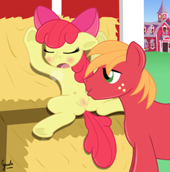 Size: 2533x2552 | Tagged: explicit, artist:grinch, apple bloom, age difference, applecest, big macintosh, blushing, brother and sister, crotchboobs, delicious flat crotch, earth pony, female, filly, foal, foalcon, g4, high res, human vulva on pony, imported from derpibooru, incest, male, nipples, nudity, pony, ship:macbloom, shipping, siblings, stallion, stallion on filly, straight, suckling, sweet apple acres, teats, vaginal secretions
