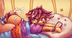 Size: 1600x838 | Tagged: explicit, artist:chromaskunk, artist:wimcrustumplus, scootaloo, bed, blanket, butt, cum, cum on butt, cum on hair, cumming, facial, floppy ears, foalcon, from behind, g4, hairjob, hotdogging, human, human male, human male on filly, human on pony action, human penis, imported from derpibooru, interspecies, large butt, looking back, lying down, male, nudity, offscreen character, on bed, orgasm, penis, phone, pillow, plot, pony, prehensile tail, prone, rear view, straight, tail, tailjob, the ass was fat
