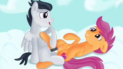 Size: 1280x720 | Tagged: explicit, artist:jbond, scootaloo, belly button, blushing, cloud, cloudy, colt, colt on filly, crotchboobs, cutie mark, duo, female, filly, foal, foalcon, g4, horsecock, imported from derpibooru, male, nipples, nudity, on back, open mouth, pegasus, penis, pony, reasonably sized genitals, rumble, ship:rumbloo, shipping, straight, the cmc's cutie marks, vagina
