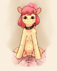 Size: 1600x2000 | Tagged: explicit, artist:chromaskunk, artist:wimcrustumplus, apple bloom, blushing, choker, crotchboobs, earth pony, female, filly, foal, foalcon, g4, human, human male, human male on filly, human on pony action, human pov, imported from derpibooru, interspecies, male, male pov, nipples, nudity, offscreen character, offscreen male, penetration, pony, pov, sex, straight, teats, vaginal, vulva