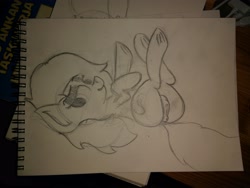 Size: 4160x3120 | Tagged: explicit, artist:polarnight, oc, oc:anon, oc:filly anon, anatomically correct, anus, bedroom eyes, dock, female, filly, foal, foalcon, imported from derpibooru, looking at you, monochrome, nudity, oc only, on back, ponut, presenting, sketch, solo, solo female, traditional art, underhoof, vulva