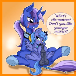 Size: 2000x2000 | Tagged: explicit, artist:anibaruthecat, princess luna, oc, oc:azure night, age regression, azuna, balls, blushing, canon x oc, commission, dialogue, female, filly, filly luna, foal, foalcon, g4, high res, horsecock, imported from derpibooru, intercrural sex, licking, licking cock, male, necklace, nudity, oral, penis, pony, sex, shipping, size difference, speech bubble, stallion, stallion on filly, straight, tongue out, woona, younger
